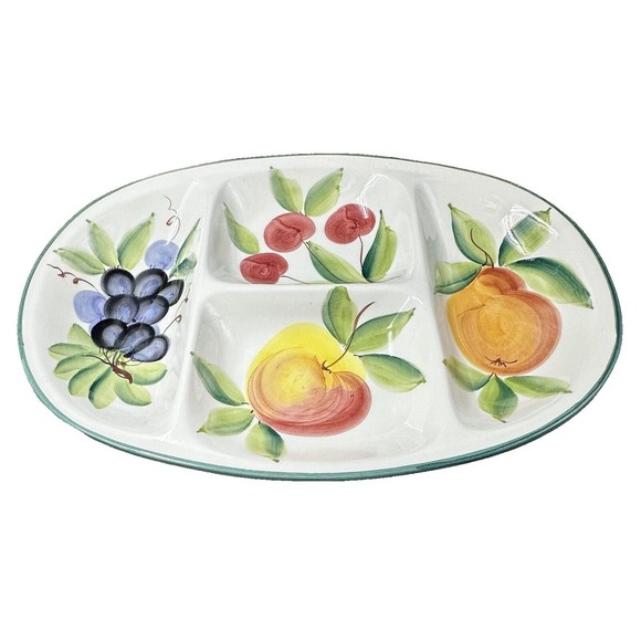 Handmade, Hand-Painted Large Oval Ceramic Fruit Pattern Divided Platter - Italy - Picture 1 of 7